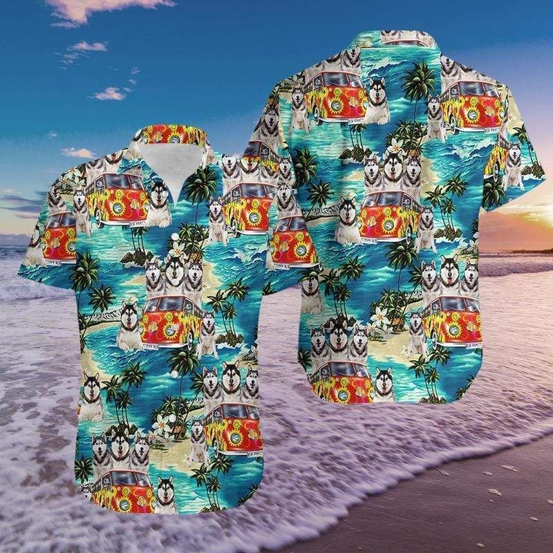 Felacia [Hawaii Shirt] Amazing Hippie Car With Husky Blue Sea Tropical Summer Hawaiian Aloha Shirts-ZX3201
